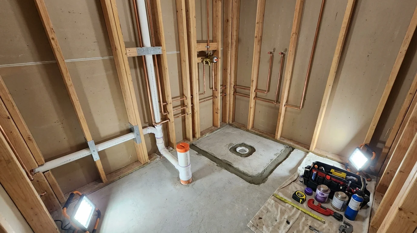 Bathroom rough-in plumbing during remodel by Johns Plumbing LLC in Napoleonville