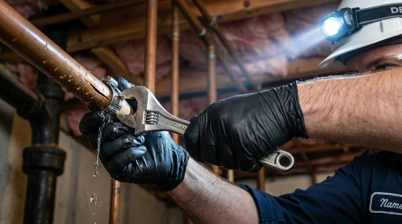 Emergency pipe clamp repair being performed by a Johns Plumbing LLC plumber in Napoleonville