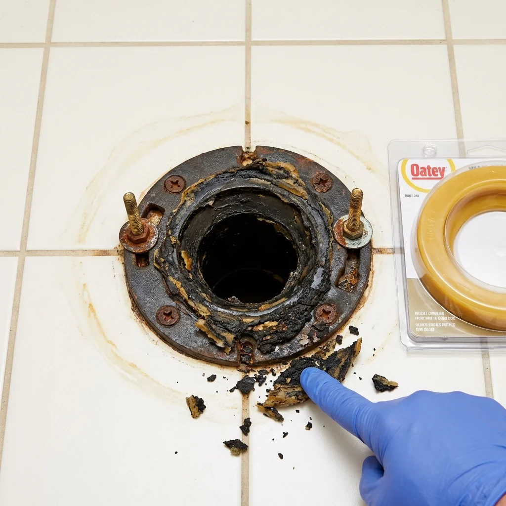 Failed wax ring showing water seepage at the base of a toilet in a Napoleonville, LA home