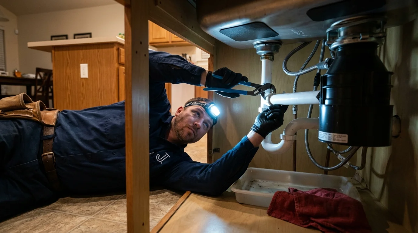 P-trap and supply line connections under a kitchen sink showing a common leak point in Napoleonville, LA
